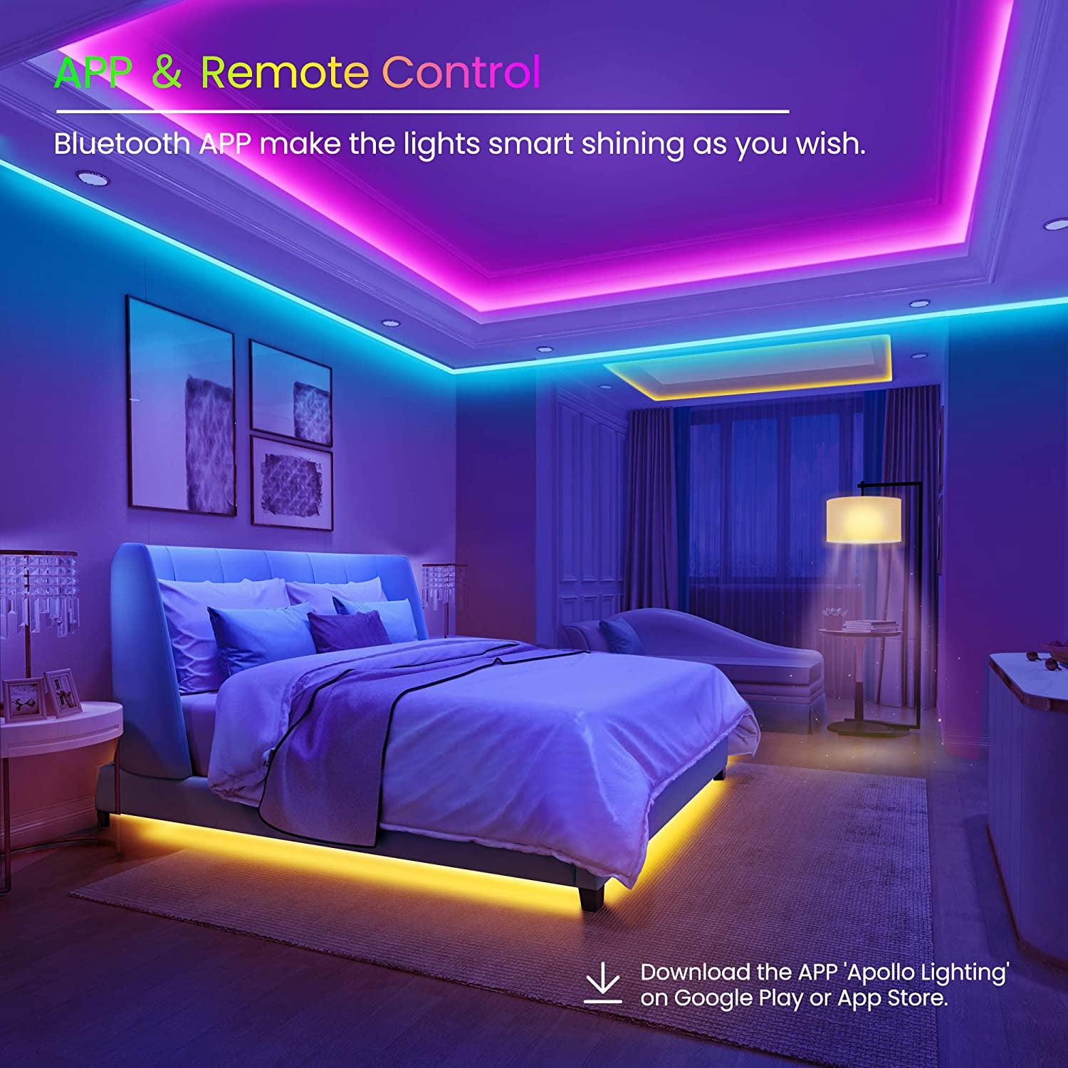 50 FT Bluetooth LED Strip Lights for Bedroom - Color Changing Light Strip with Music Sync, Smartphone App, IR Remote, and Microphone Control