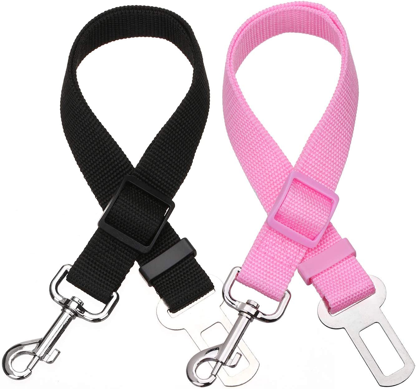 Adjustable Length Pet Seat Belt for Dogs and Cats - 2 Pack (Black and Pink)