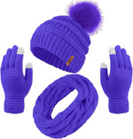 Women's Winter Warm Set: Knitted Beanie Hat with Fur Pompoms, Circle Loop Scarf, and Touch Screen Gloves