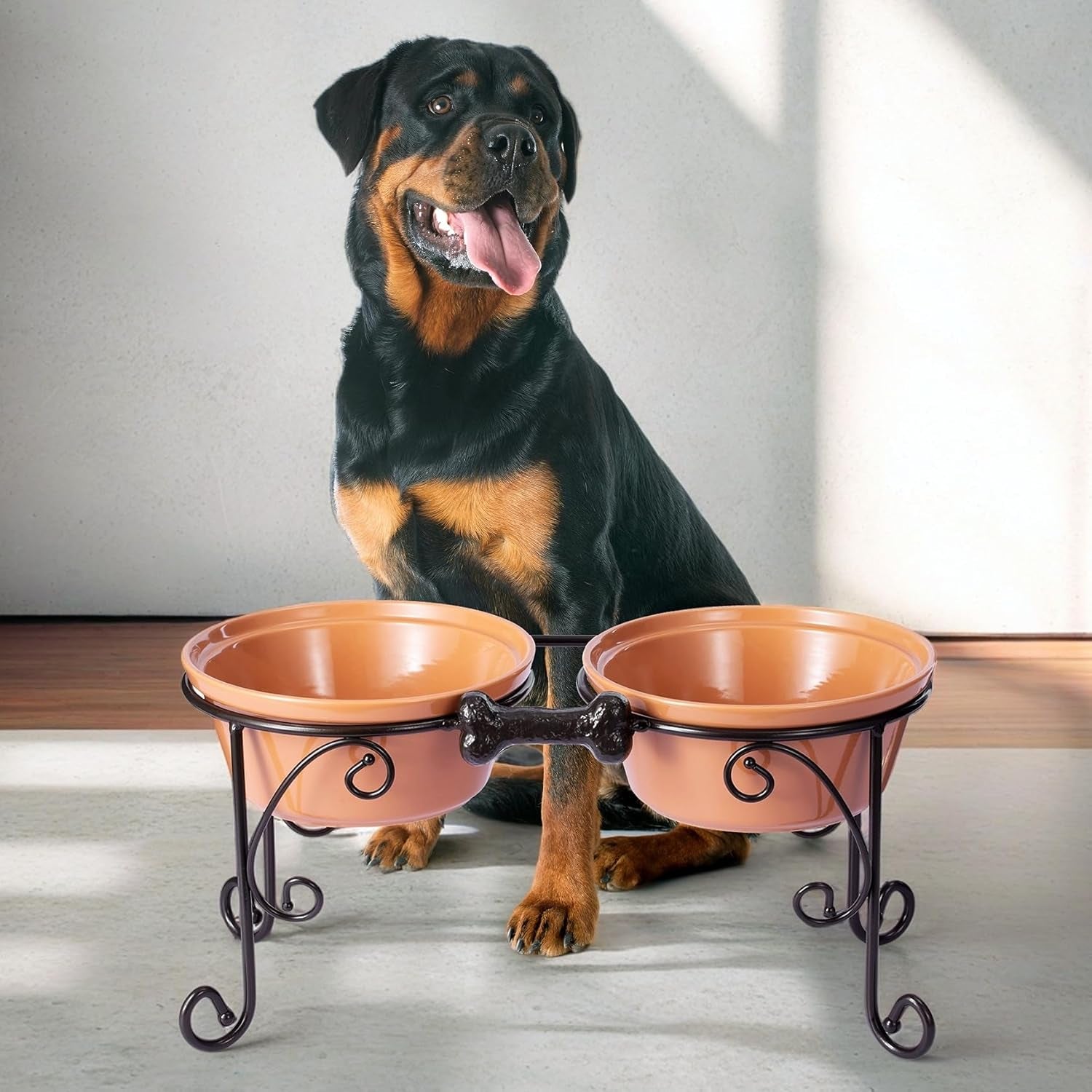 Elevated Pet Feeding Station with Large Ceramic Bowls for Medium to Large Dogs (Almond)