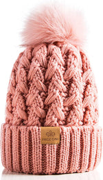 Womens Winter Ribbed Beanie with Crossed Cap, Chunky Cable Knit and Pompom - Soft and Warm Hat