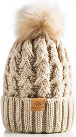 Womens Winter Ribbed Beanie with Crossed Cap, Chunky Cable Knit and Pompom - Soft and Warm Hat