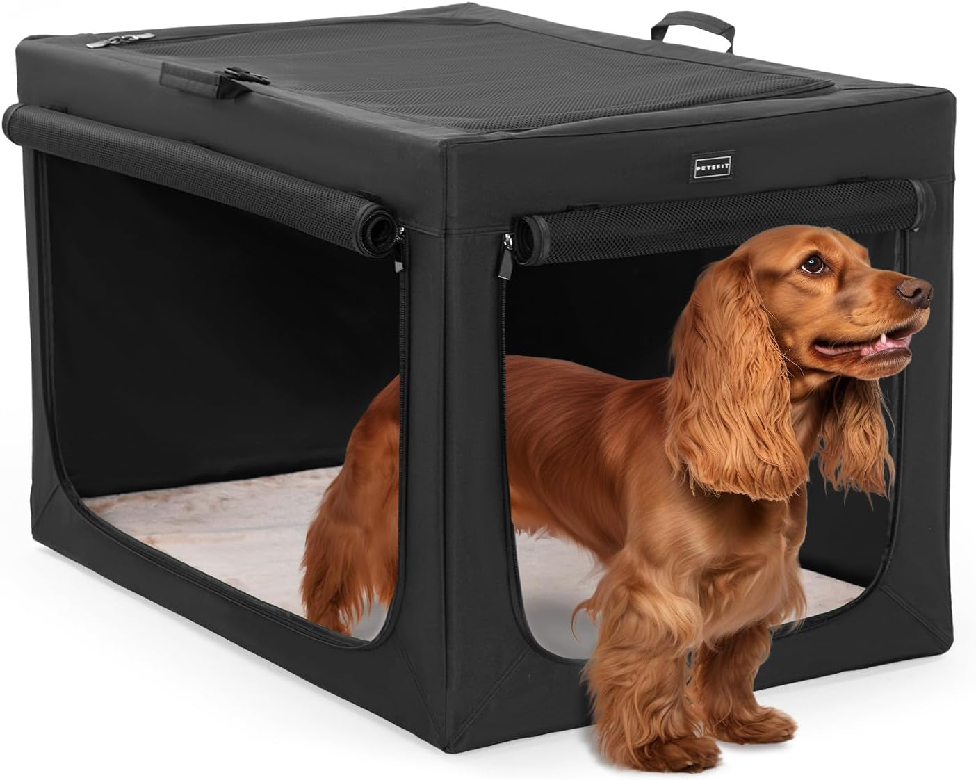 24-Inch Portable Soft Dog Crate - Lightweight, Sturdy, and Comfortable with Thick Mat for Home and Travel, Black