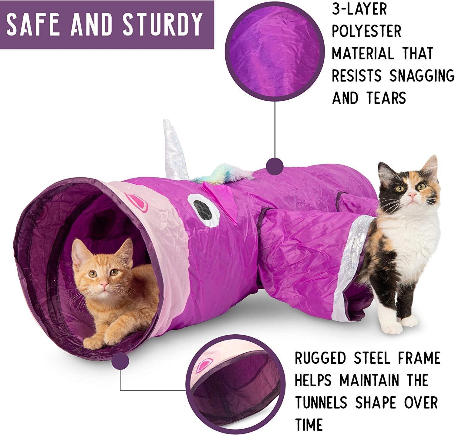 Magic Mewnicorn Multi-Cat Tunnel with Crinkle Feather String - Enrichment Toy for Dogs, Cats, Rabbits, Kittens, and Guinea Pigs for Hiding, Hunting, and Resting