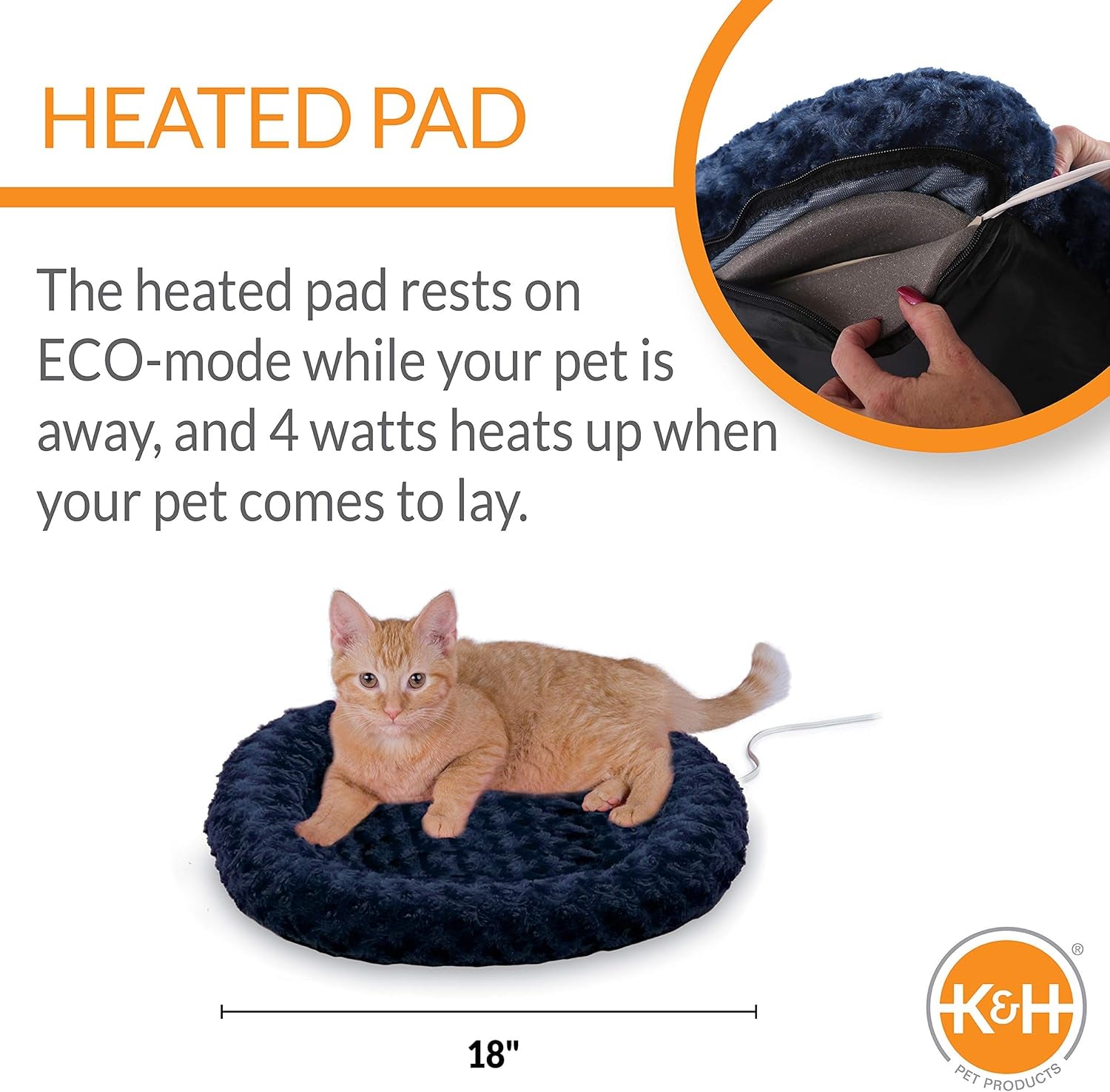 Thermo-Kitty Fashion Splash Indoor Heated Cat Bed - Removable Waterproof Heater for Dogs and Cats, Small 18-Inch Round, Blue