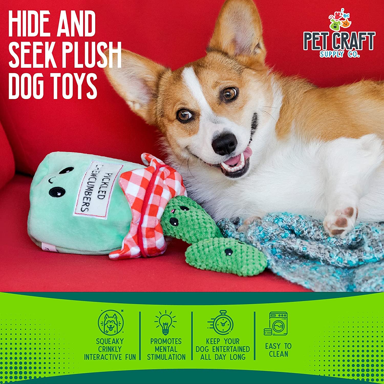 Hide and Seek Plush Dog Toys - Interactive Crinkle Squeaky Puzzle Activity Bundle for Medium Breeds - Pickles