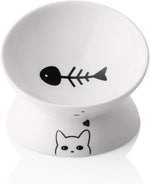 Elevated Ceramic Cat Bowls - Slanted Porcelain Pet Feeder for Food and Water, Spine Protection and Backflow Prevention (White)