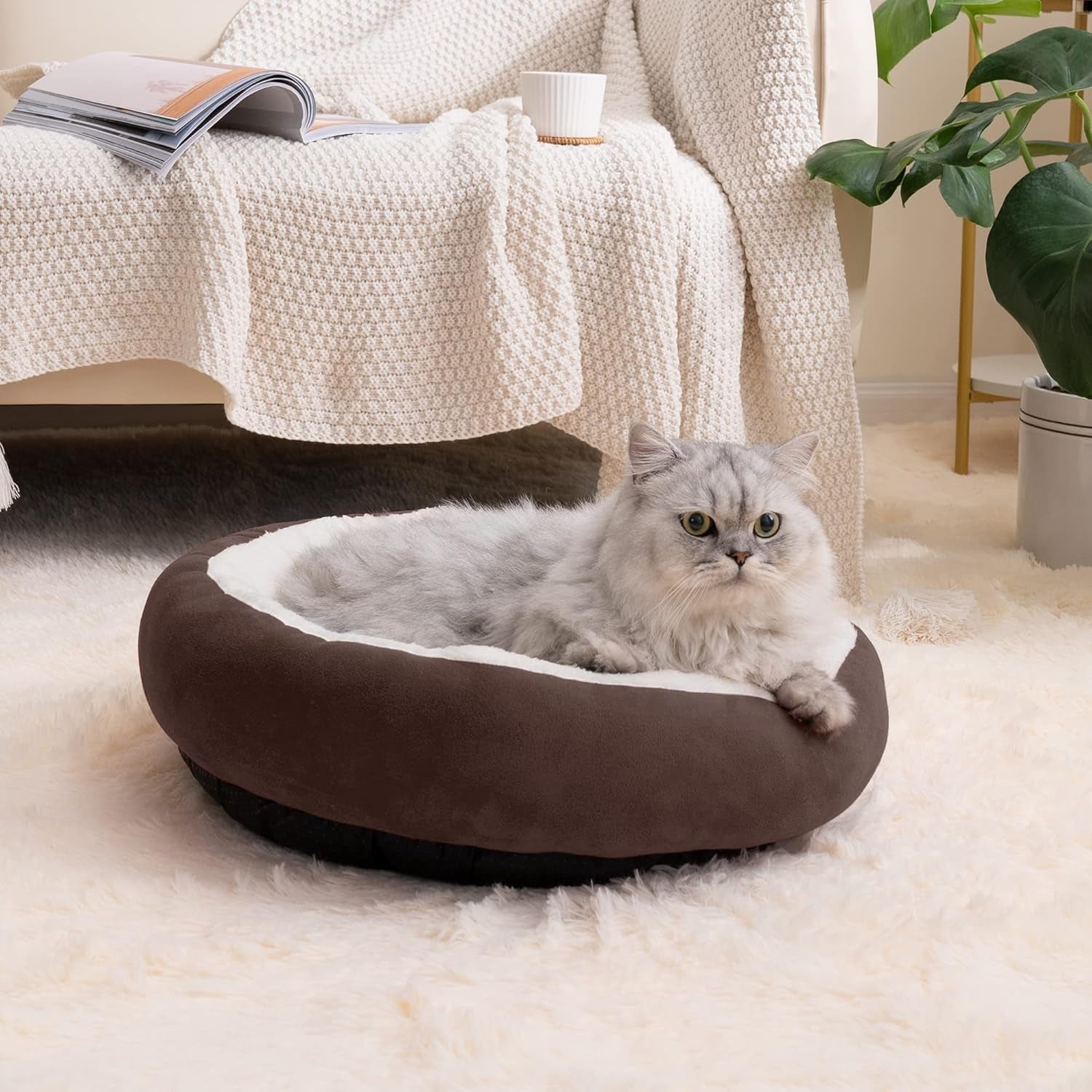 Round Donut Pet Cushion Bed - 20 Inch Cat and Small Dog Bed with Anti-Slip, Water-Resistant Bottom, Super Soft Durable Fabric, Washable Luxury Design in Brown