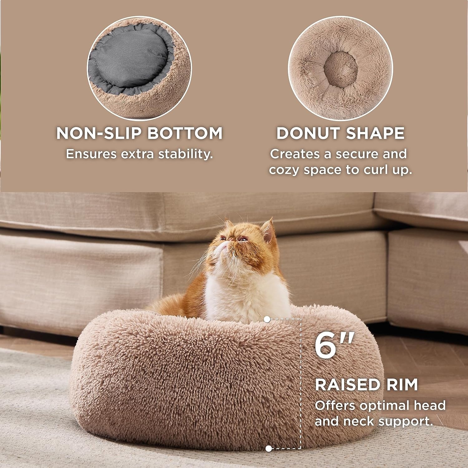 Calming Plush Cat Bed for Indoor Use - 20-Inch Washable Anti-Slip Round Faux Fur Bed, Suitable for Pets Up to 15 lbs, Camel Color