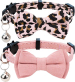 Adjustable Breakaway Cat Collars with Bells and Floral Bowties - 2 Pack in Pink Leopard and Solid Pink