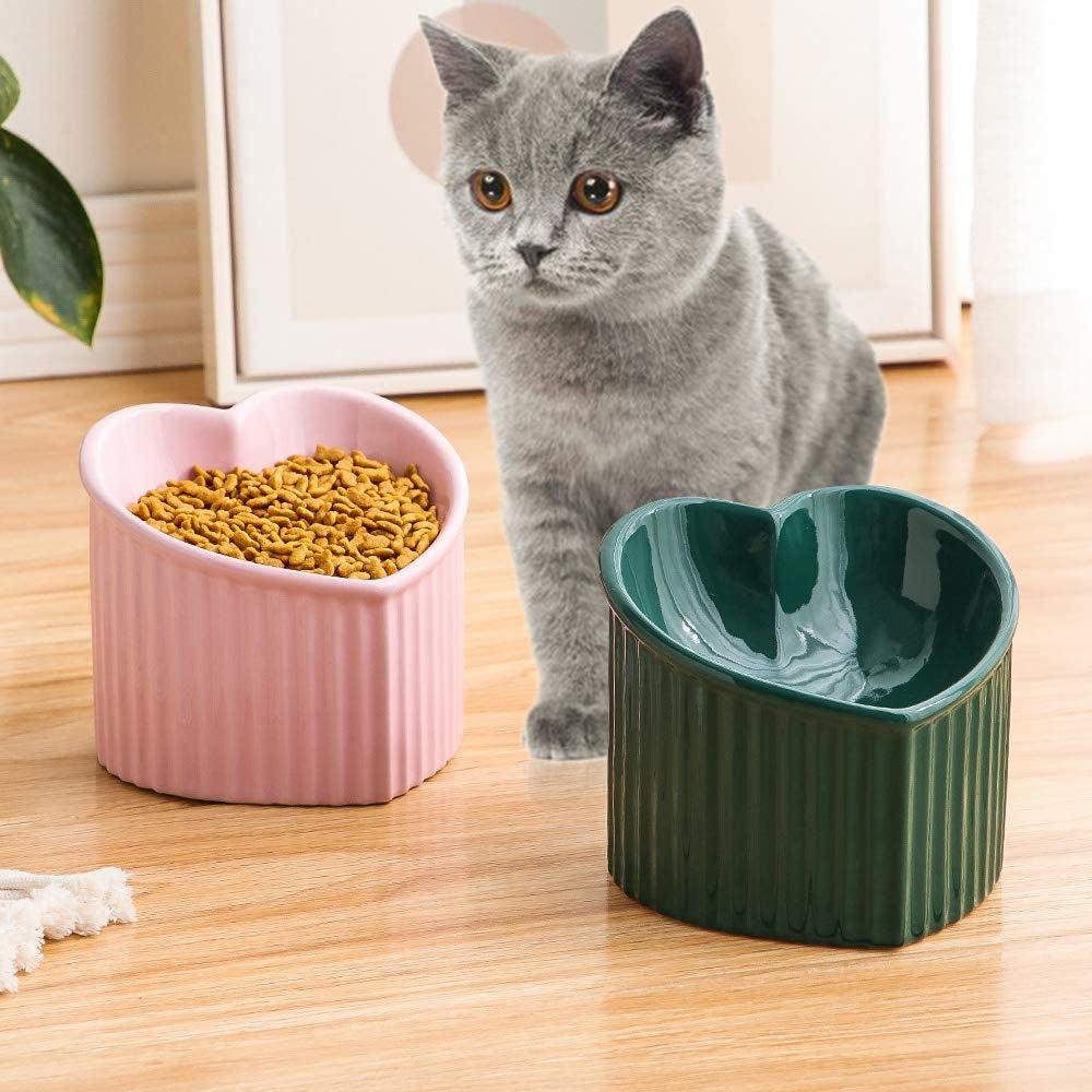 Dark Green Ceramic Elevated Cat Bowls for Food and Water, Ergonomic Design with Backflow Prevention, Dishwasher and Microwave Safe, Lead and Cadmium Free