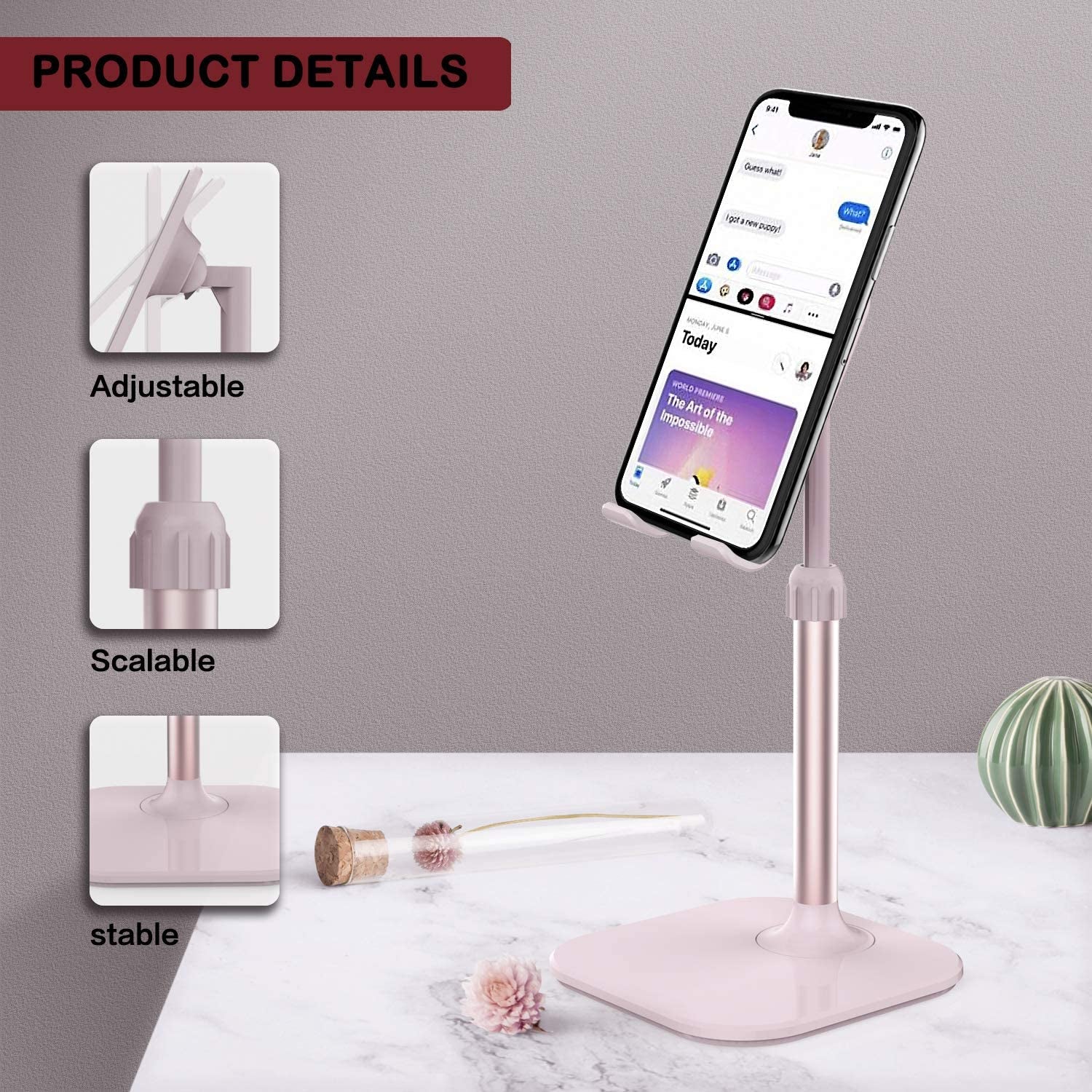 Adjustable Cell Phone Stand for Desk - Universal Phone Holder Compatible with iPhone and All Mobile Phones & Tablets - Ideal Christmas Gift for Adults, Women, Men, Moms, and Wives - Pink