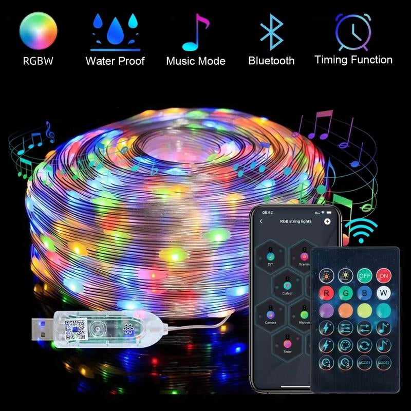 Happlee 50FT 100FT Waterproof Smart Christmas Fairy Lights: Bluetooth Fairy Lights Color Changing App & Remote Control, Music Sync, DIY Color, Rainbow LED String Lights for Bedroom, USB Powered Christmas Tree Car Lights