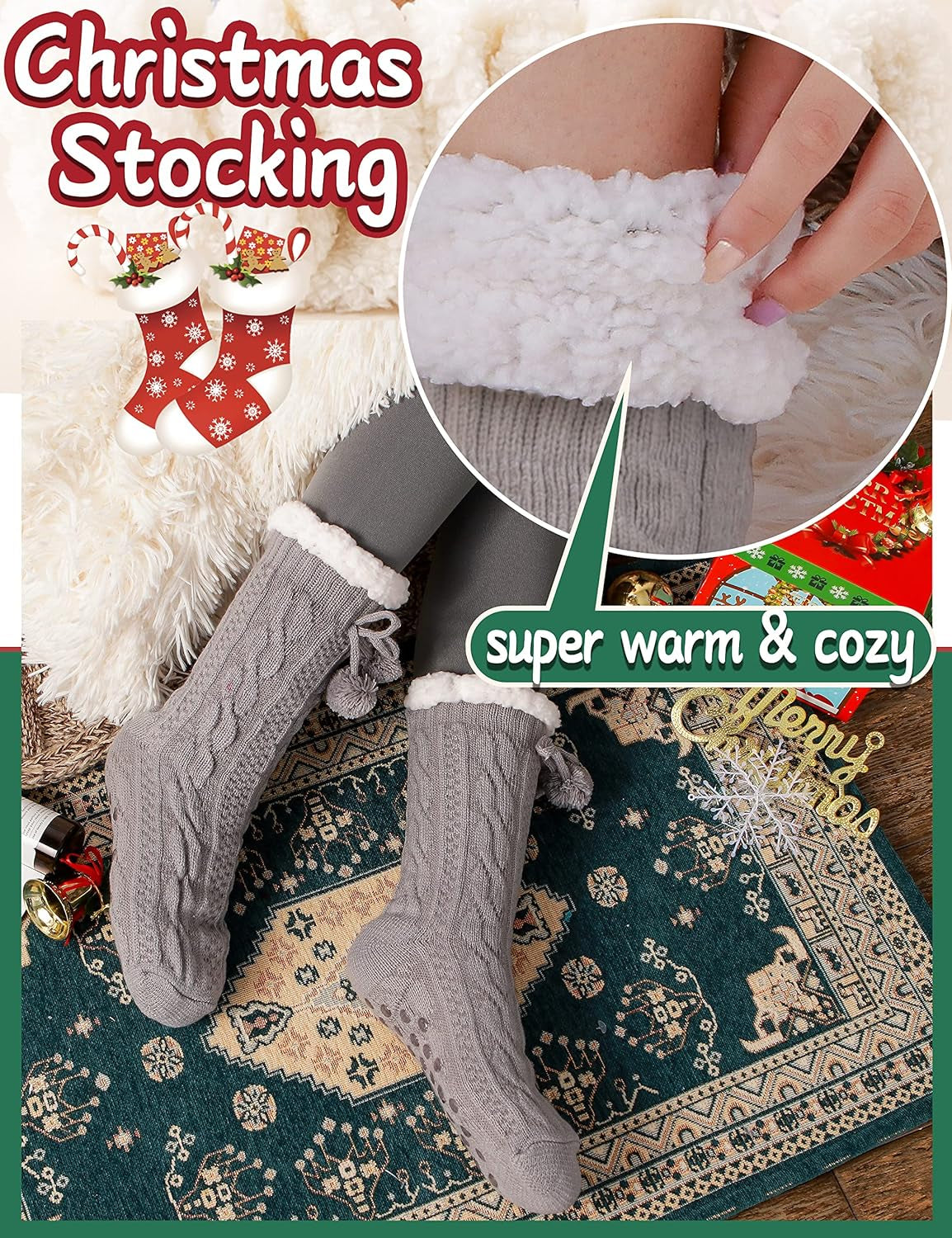 Women's Fuzzy Slipper Socks - Cozy Thick Fleece Cabin Socks with Grip for Winter Warmth