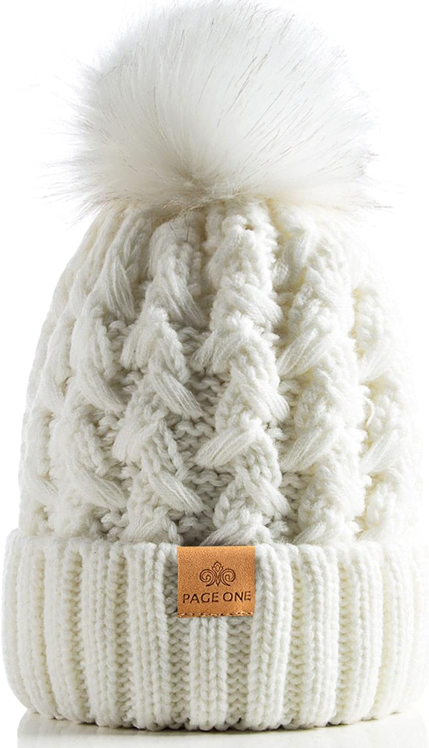 Womens Winter Ribbed Beanie with Crossed Cap, Chunky Cable Knit and Pompom - Soft and Warm Hat