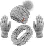 Women's Winter Warm Set: Knitted Beanie Hat with Fur Pompoms, Circle Loop Scarf, and Touch Screen Gloves