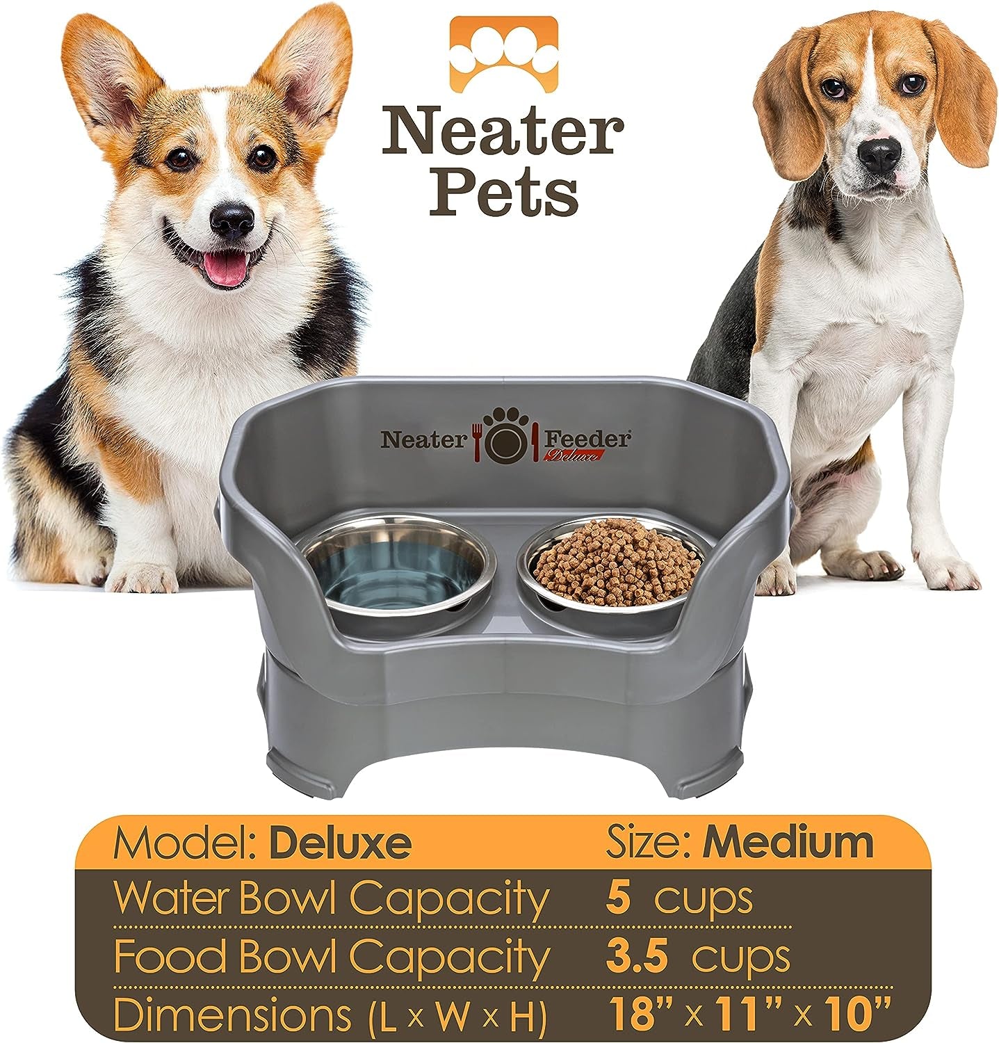 Neater Feeder Deluxe Medium Elevated Dog Feeder with Stainless Steel Bowls - 3.5 Cup Food and 5 Cup Water Capacity, Spill-Proof and Non-Slip Design, Made in USA