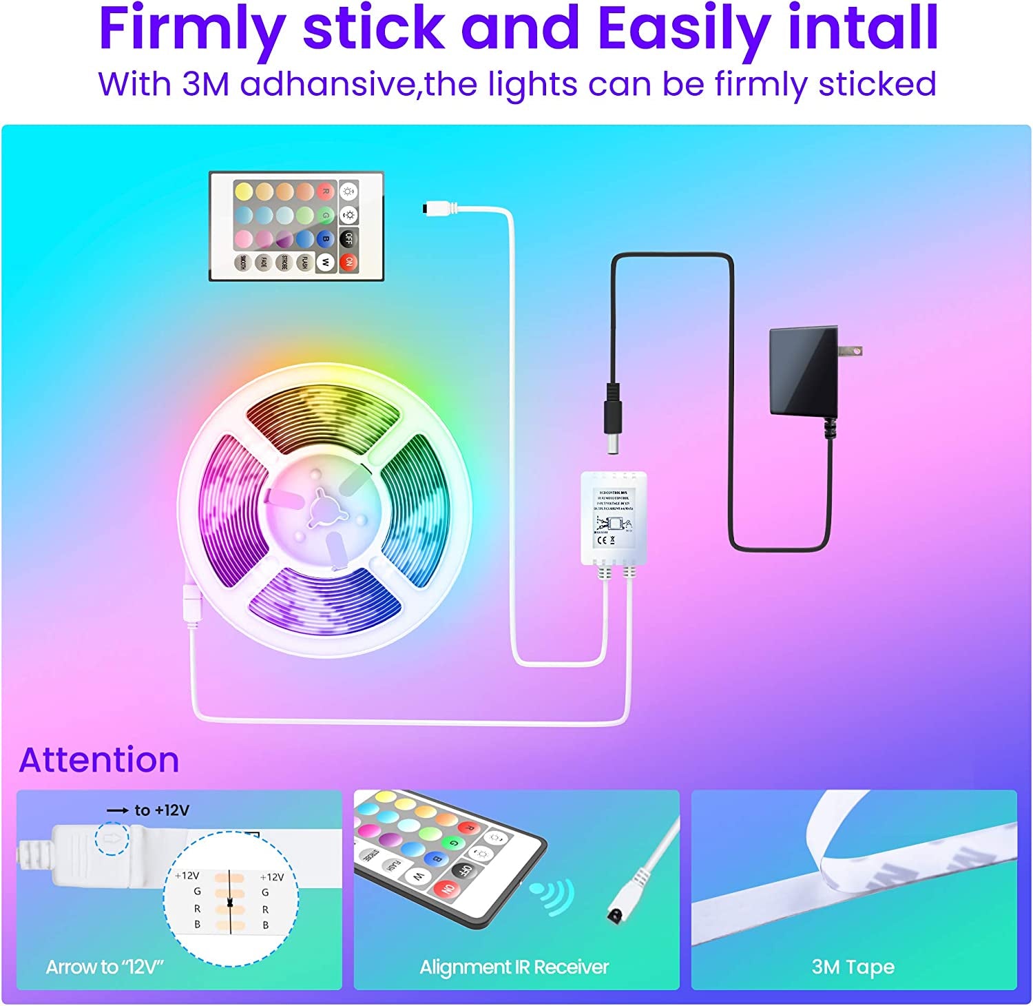 50 FT Bluetooth LED Strip Lights for Bedroom - Color Changing Light Strip with Music Sync, Smartphone App, IR Remote, and Microphone Control