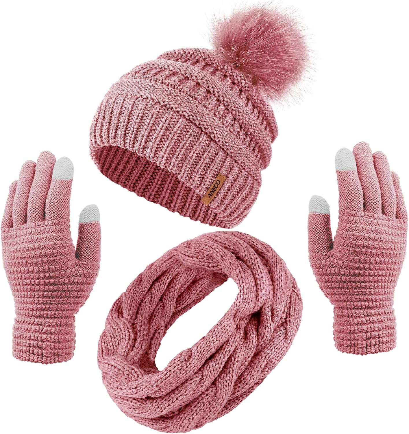 Women's Winter Warm Set: Knitted Beanie Hat with Fur Pompoms, Circle Loop Scarf, and Touch Screen Gloves