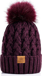 Womens Winter Ribbed Beanie with Crossed Cap, Chunky Cable Knit and Pompom - Soft and Warm Hat