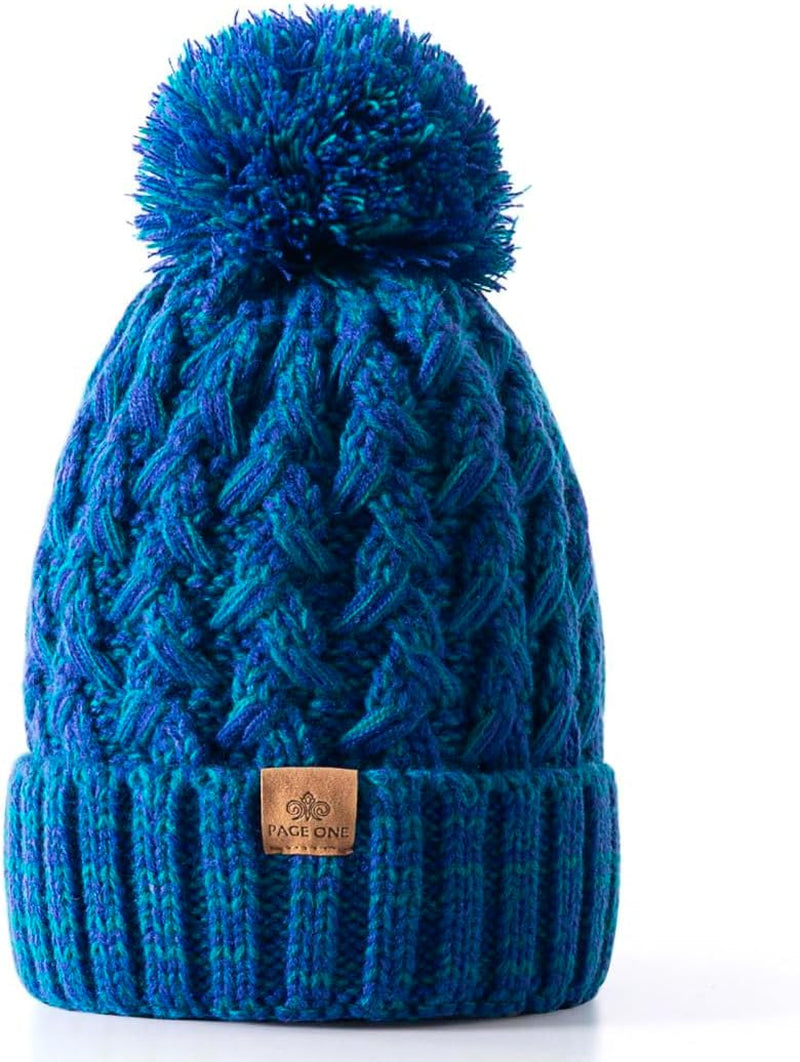 Womens Winter Ribbed Beanie with Crossed Cap, Chunky Cable Knit and Pompom - Soft and Warm Hat