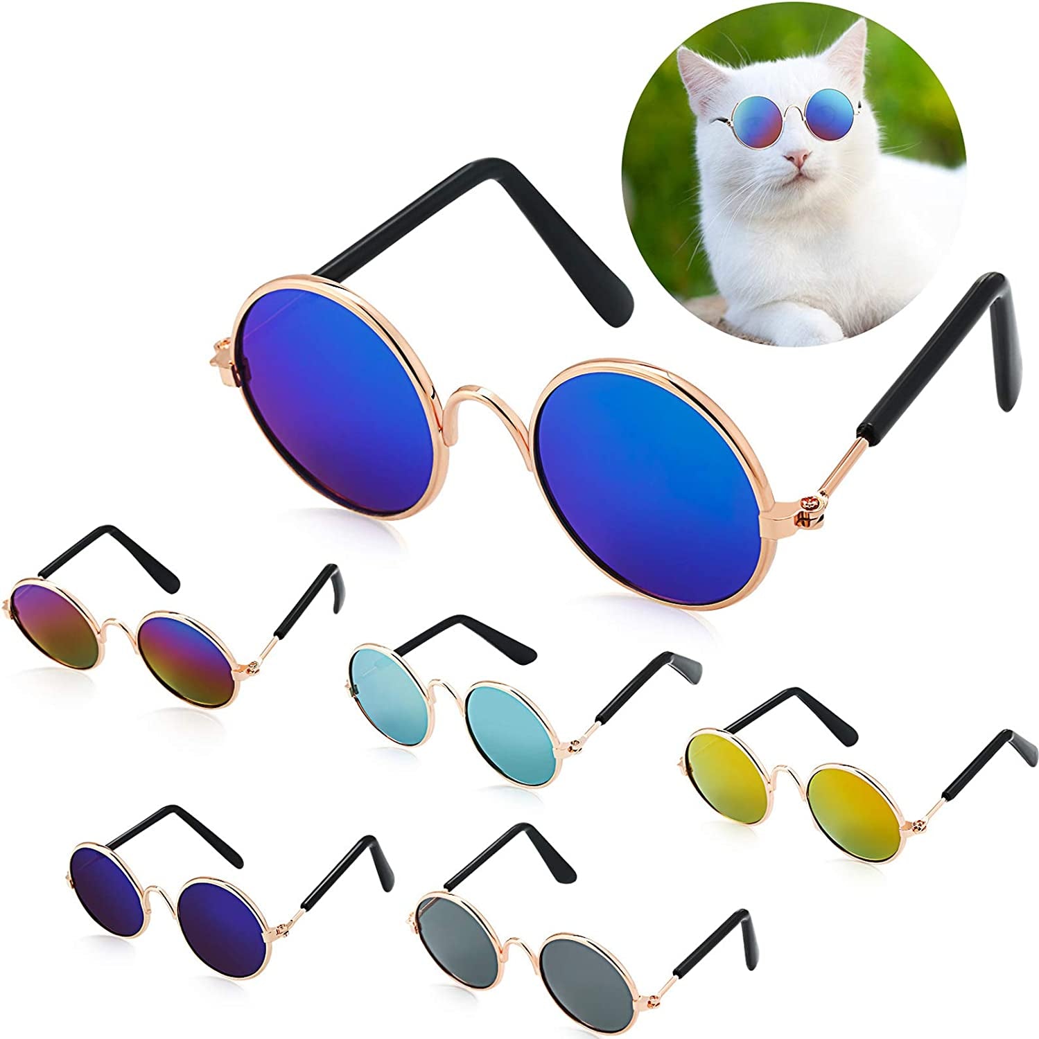 6-Piece Set of Retro Circular Sunglasses for Cats and Small Dogs - Pomeranian Eyewear Accessories for Cosplay and Photography in Black and Reflective Colors