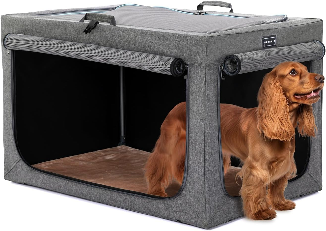 24-Inch Portable Soft Dog Crate - Lightweight, Sturdy, and Comfortable with Thick Mat for Home and Travel, Black