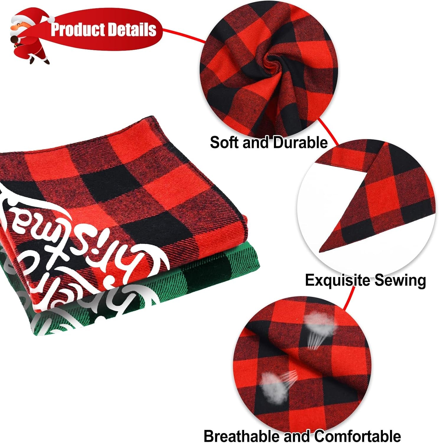 2-Pack Christmas Buffalo Plaid Dog Bandanas - Triangle Bibs and Kerchief Set for Small, Medium, and Large Dogs and Cats