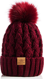 Womens Winter Ribbed Beanie with Crossed Cap, Chunky Cable Knit and Pompom - Soft and Warm Hat