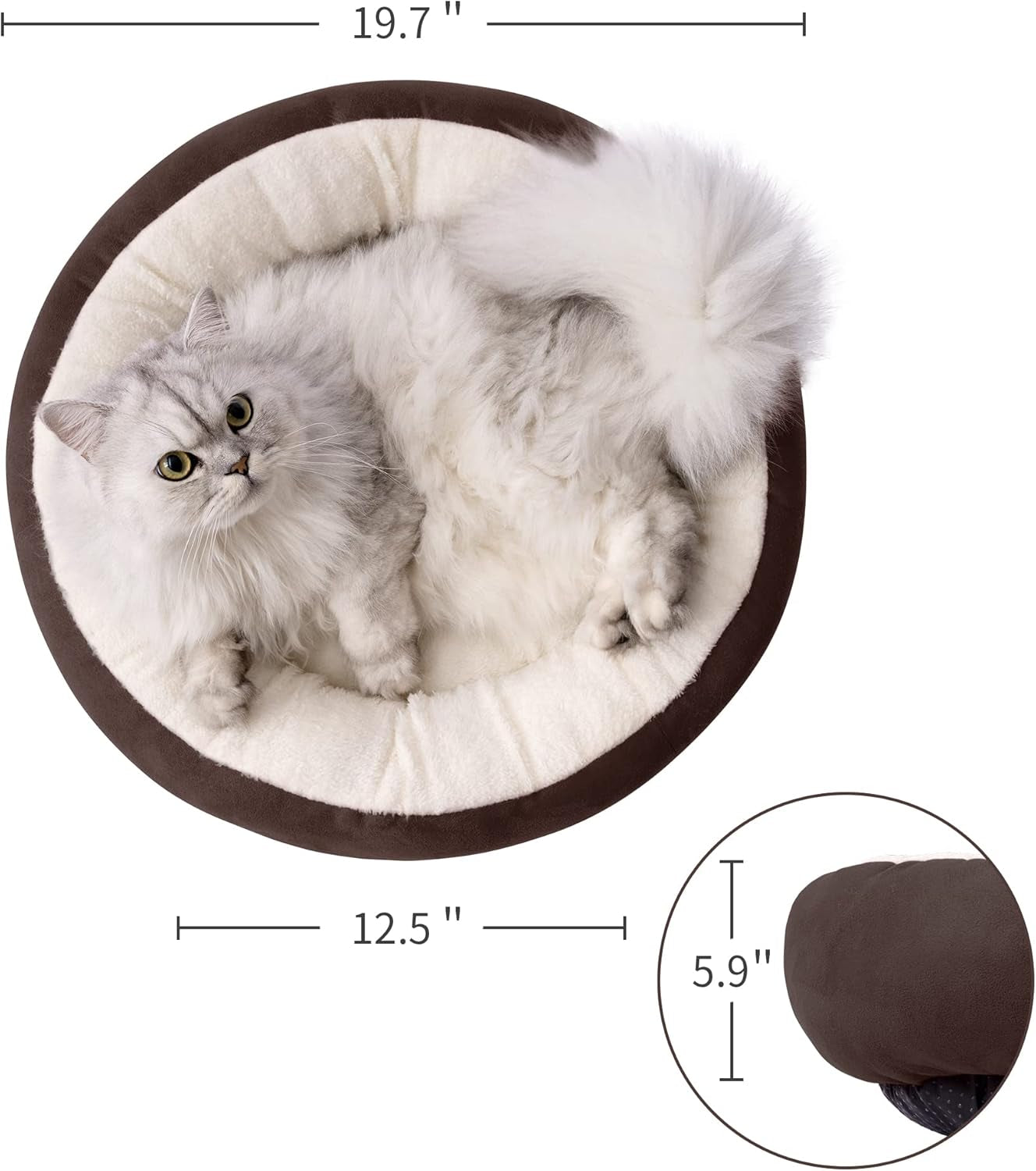 Round Donut Pet Cushion Bed - 20 Inch Cat and Small Dog Bed with Anti-Slip, Water-Resistant Bottom, Super Soft Durable Fabric, Washable Luxury Design in Brown