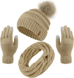 Women's Winter Warm Set: Knitted Beanie Hat with Fur Pompoms, Circle Loop Scarf, and Touch Screen Gloves