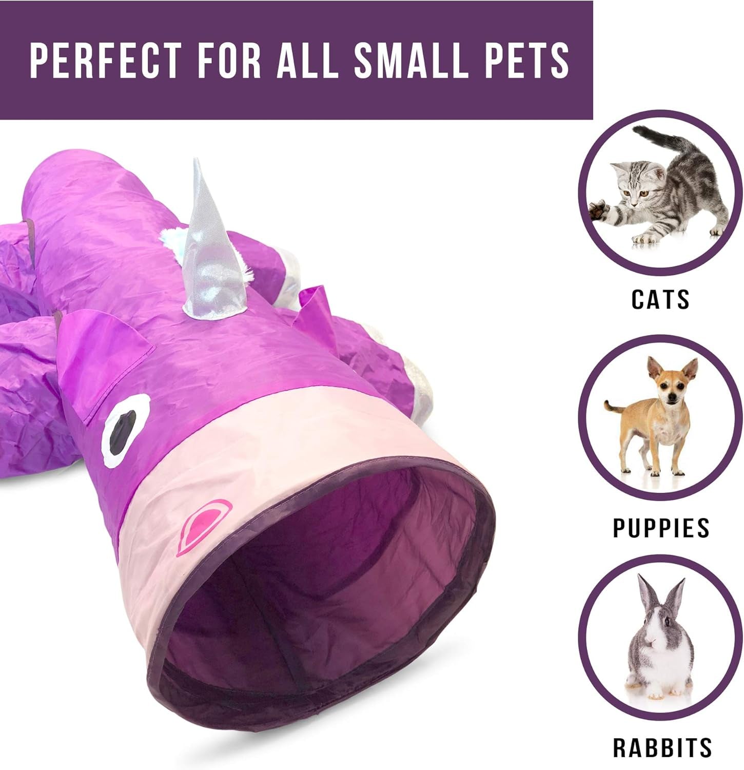 Magic Mewnicorn Multi-Cat Tunnel with Crinkle Feather String - Enrichment Toy for Dogs, Cats, Rabbits, Kittens, and Guinea Pigs for Hiding, Hunting, and Resting