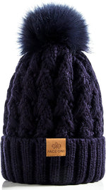 Womens Winter Ribbed Beanie with Crossed Cap, Chunky Cable Knit and Pompom - Soft and Warm Hat