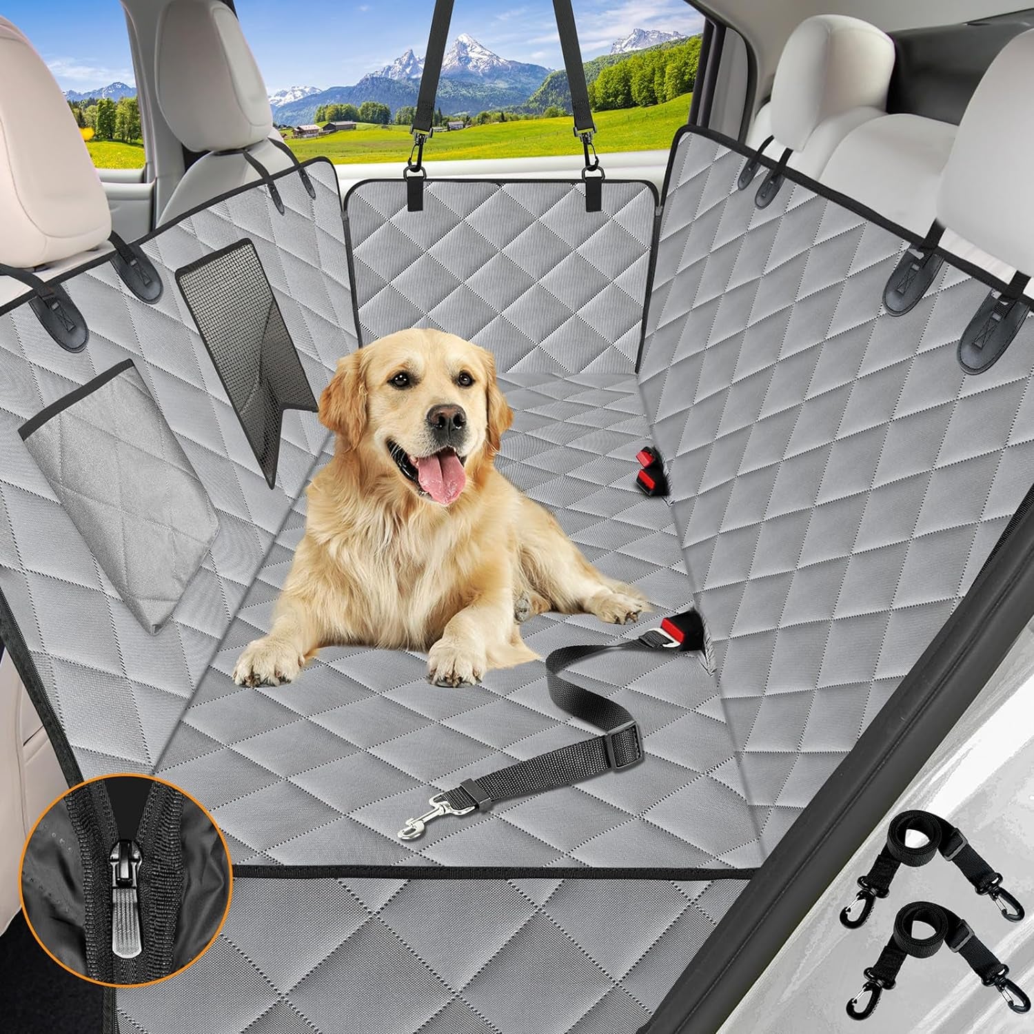 Heavy-Duty Waterproof Dog Car Seat Cover with Hammock Design and Mesh Window for Back Seat Protection in Cars, Trucks, and SUVs