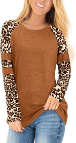 Women's Leopard Print Color Block Tunic Tops with Long/Short Sleeves - Casual Raglan Shirt