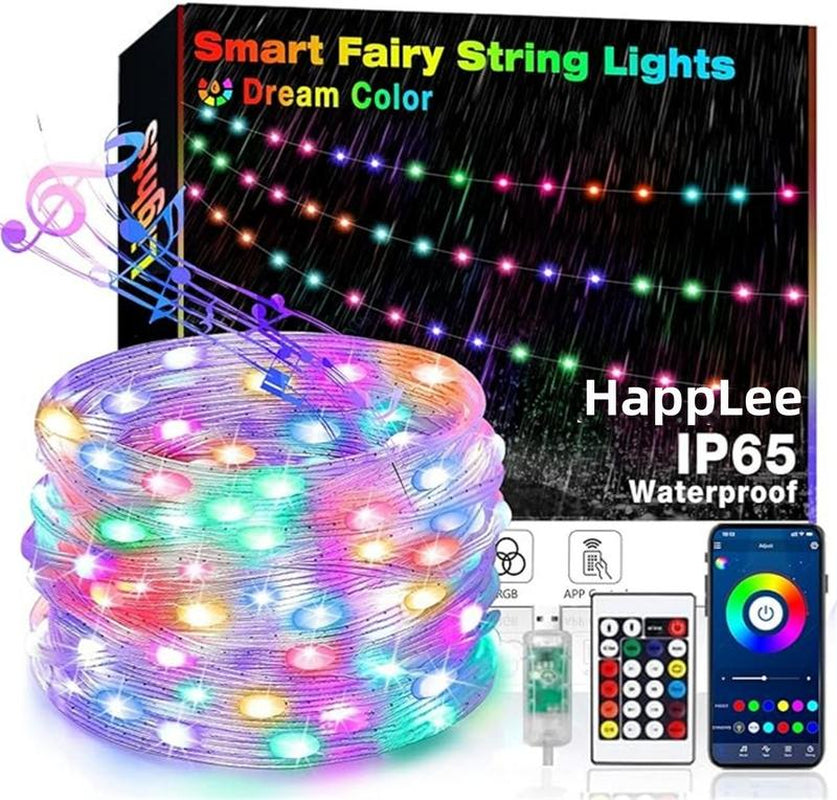 50FT 100FT Bluetooth Smart Waterproof Fairy Lights Music Sync Color Changing Led Fairy Lights USB Powered APP Remote Control IP65 Waterproof Christmas Fairy String Lights for Tree Wedding Party Garden Decor