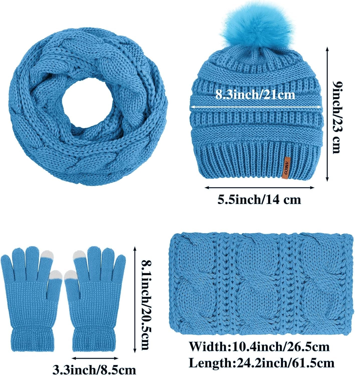 Women's Winter Warm Set: Knitted Beanie Hat with Fur Pompoms, Circle Loop Scarf, and Touch Screen Gloves