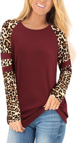 Women's Leopard Print Color Block Tunic Tops with Long/Short Sleeves - Casual Raglan Shirt