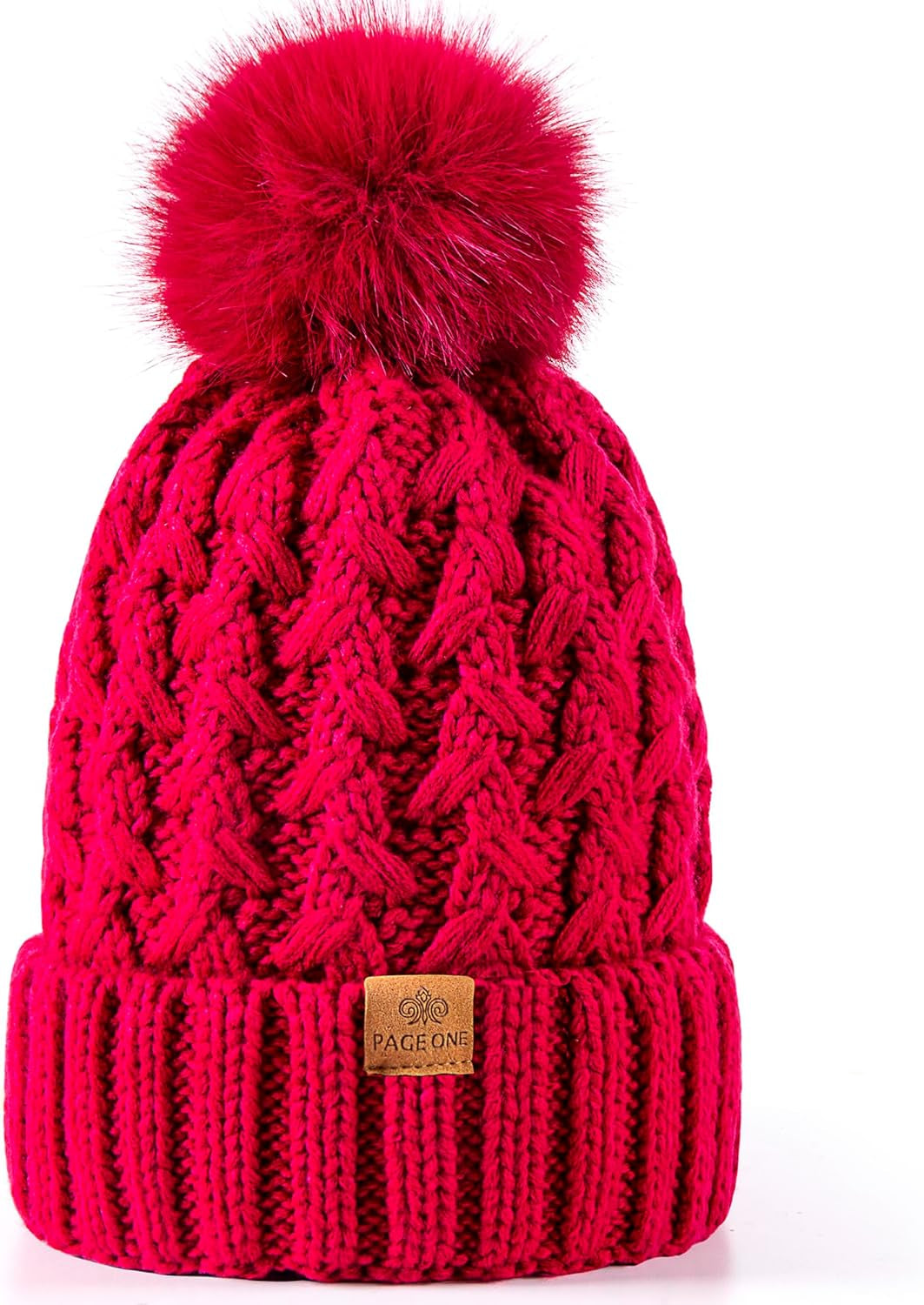 Womens Winter Ribbed Beanie with Crossed Cap, Chunky Cable Knit and Pompom - Soft and Warm Hat