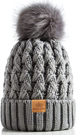 Womens Winter Ribbed Beanie with Crossed Cap, Chunky Cable Knit and Pompom - Soft and Warm Hat