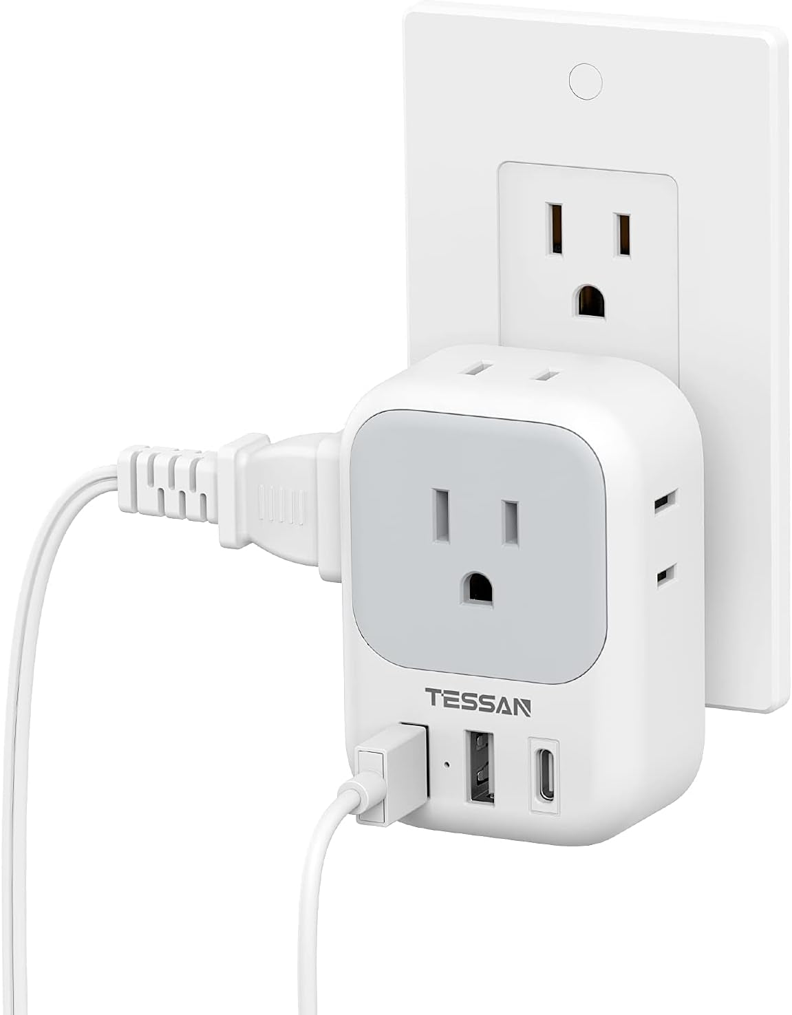 USB Charger Block with 3 USB Ports and 4-Outlet Splitter - Multi-Plug Wall Adapter for Travel, Office, and Dorm Use