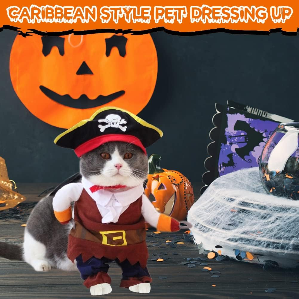 Caribbean Style Pirate Costume for Small to Medium Dogs and Cats - Adorable Halloween and Christmas Party Apparel with Hat