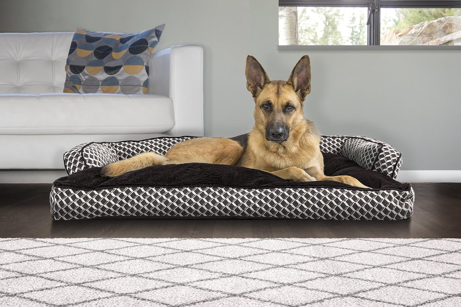 Jumbo/XL Pillow Dog Bed for Large Dogs with Removable Bolsters and Washable Cover - Plush Woven Couch Sofa in Diamond Brown