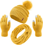 Women's Winter Warm Set: Knitted Beanie Hat with Fur Pompoms, Circle Loop Scarf, and Touch Screen Gloves