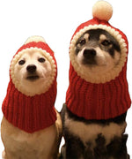 Crocheted Christmas Dog Hat with Pompon - Warm Winter Knit Snood Headwear for Pets and Adults (Red, Size S)