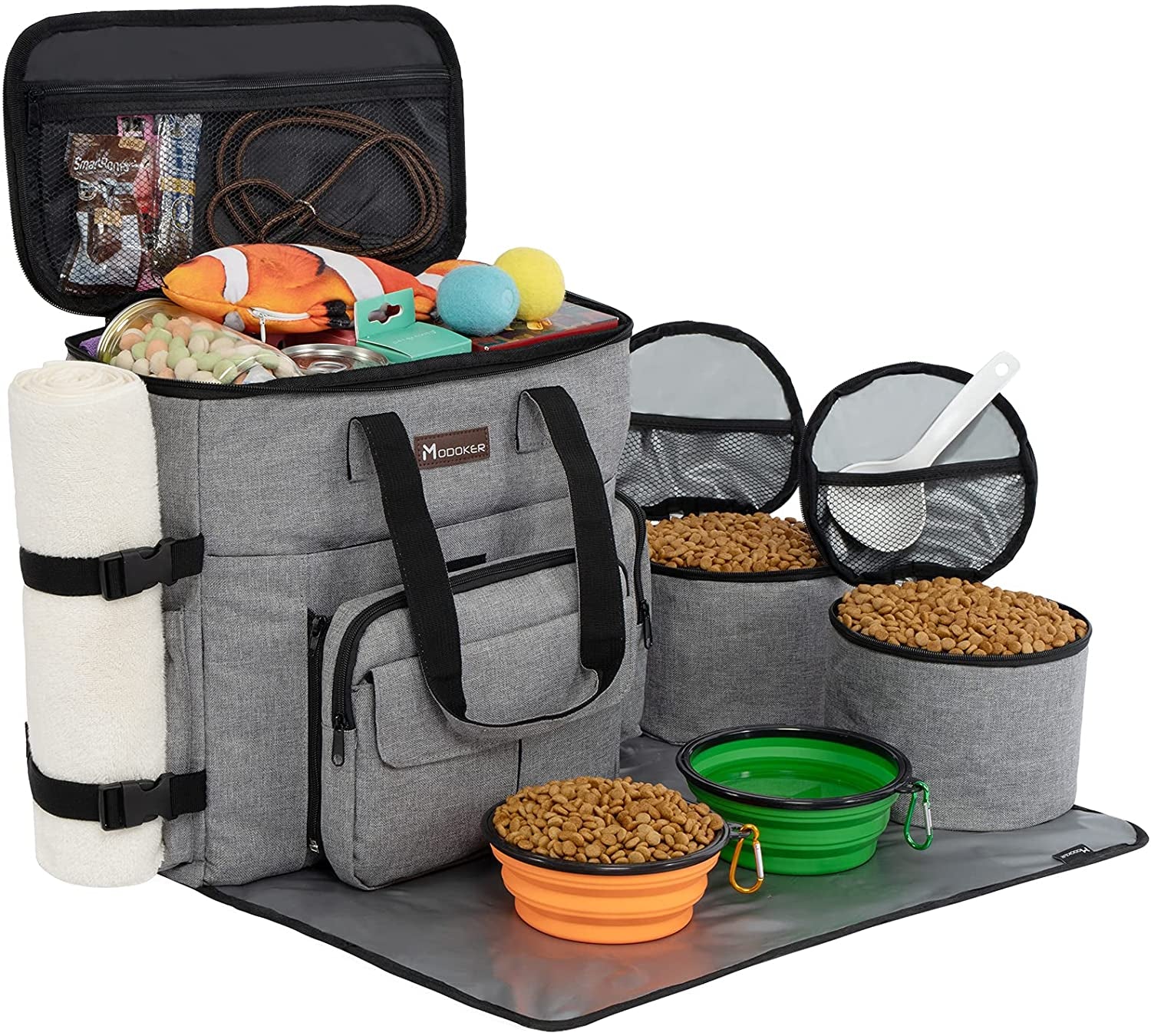 Airline-Approved Pet Travel Bag, Weekend Set for Dogs and Cats with Multi-Function Pockets, Food Storage Containers, Collapsible Bowls, and Feeding Mat (Blue)