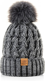 Womens Winter Ribbed Beanie with Crossed Cap, Chunky Cable Knit and Pompom - Soft and Warm Hat