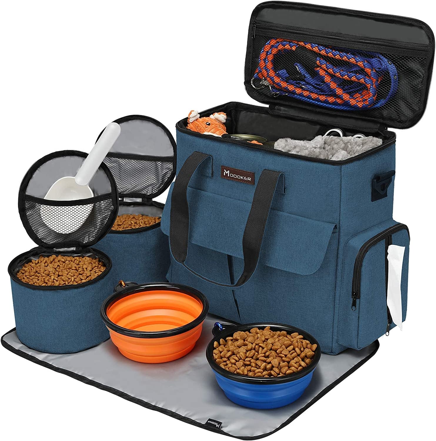 Airline-Approved Pet Travel Bag, Weekend Set for Dogs and Cats with Multi-Function Pockets, Food Storage Containers, Collapsible Bowls, and Feeding Mat (Blue)