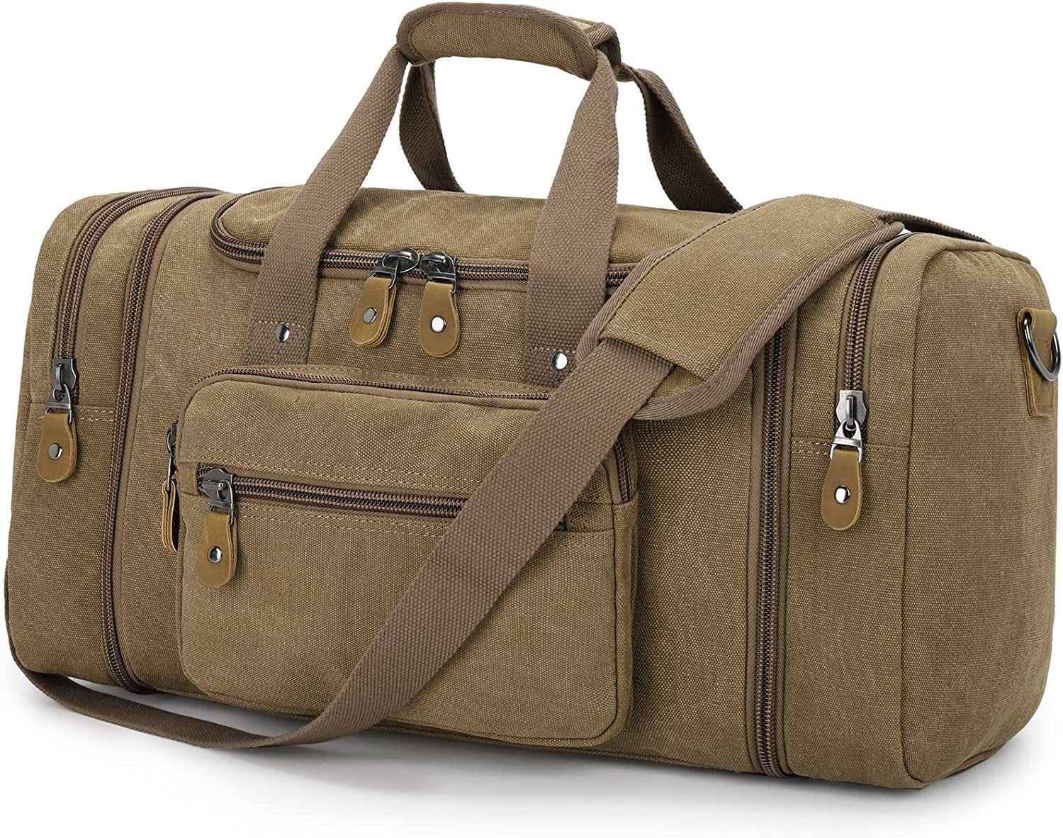 60L Canvas Duffle Bag for Travel - Coffee Overnight and Weekend Bag