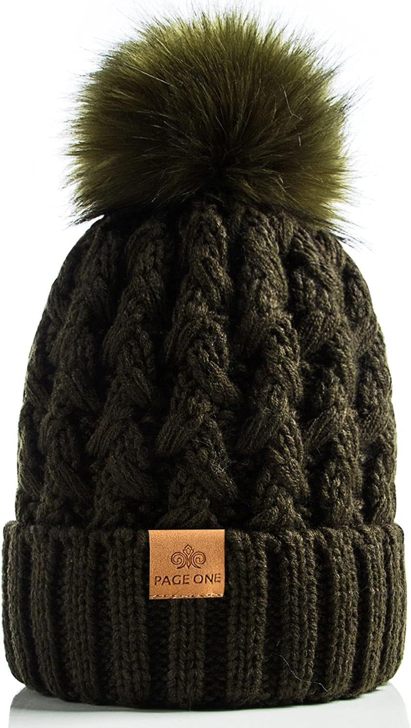 Womens Winter Ribbed Beanie with Crossed Cap, Chunky Cable Knit and Pompom - Soft and Warm Hat